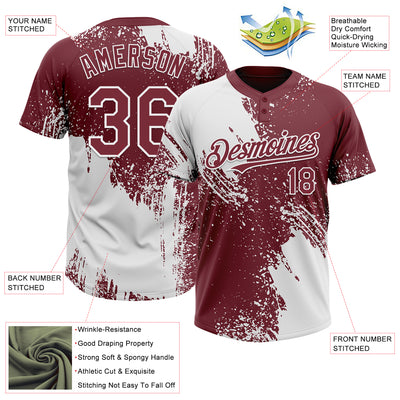 Custom White Burgundy 3D Pattern Abstract Brush Stroke Two-Button Unisex Softball Jersey