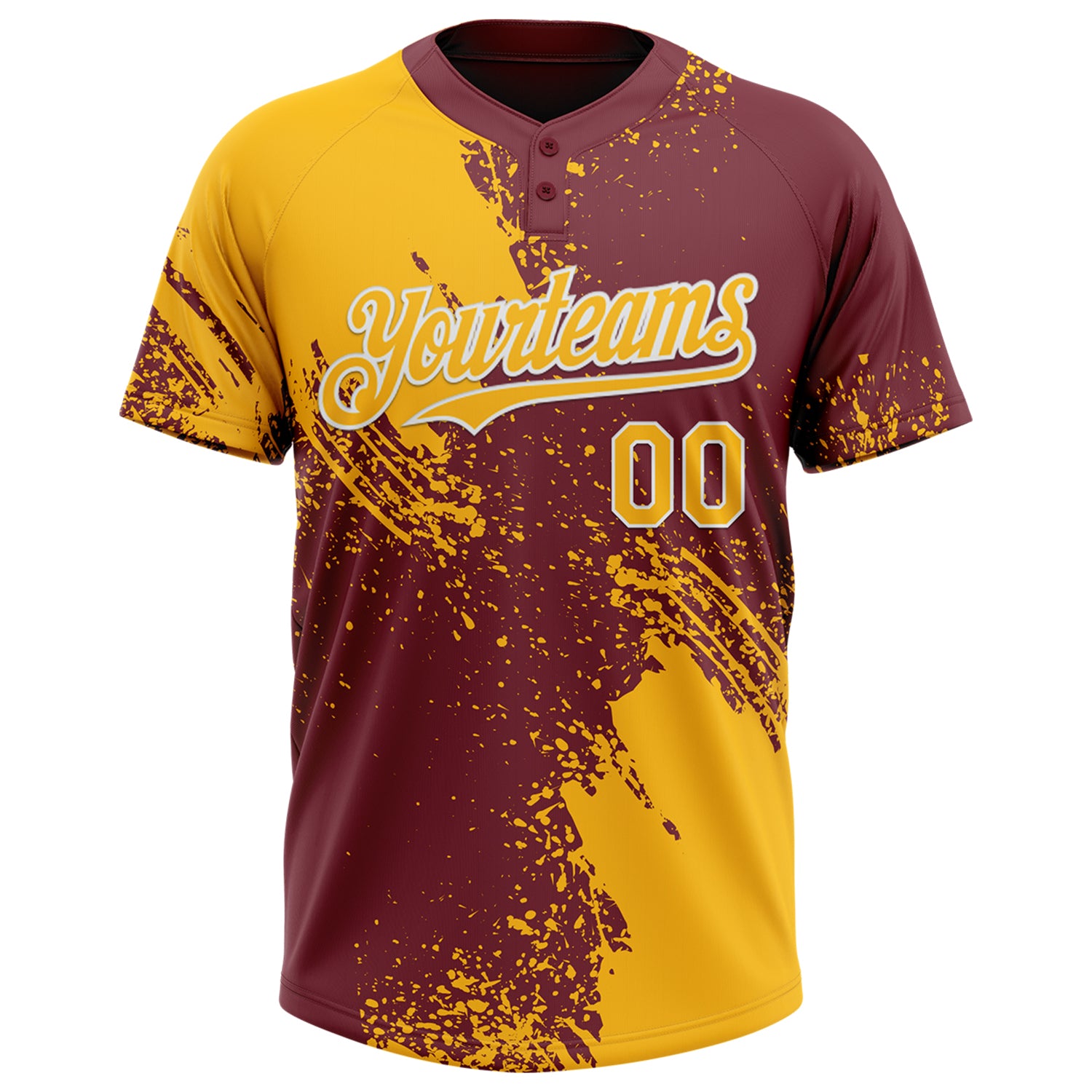 Custom Gold Burgundy-White 3D Pattern Abstract Brush Stroke Two-Button Unisex Softball Jersey
