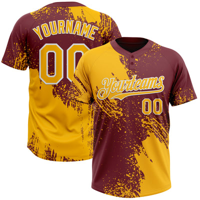 Custom Gold Burgundy-White 3D Pattern Abstract Brush Stroke Two-Button Unisex Softball Jersey