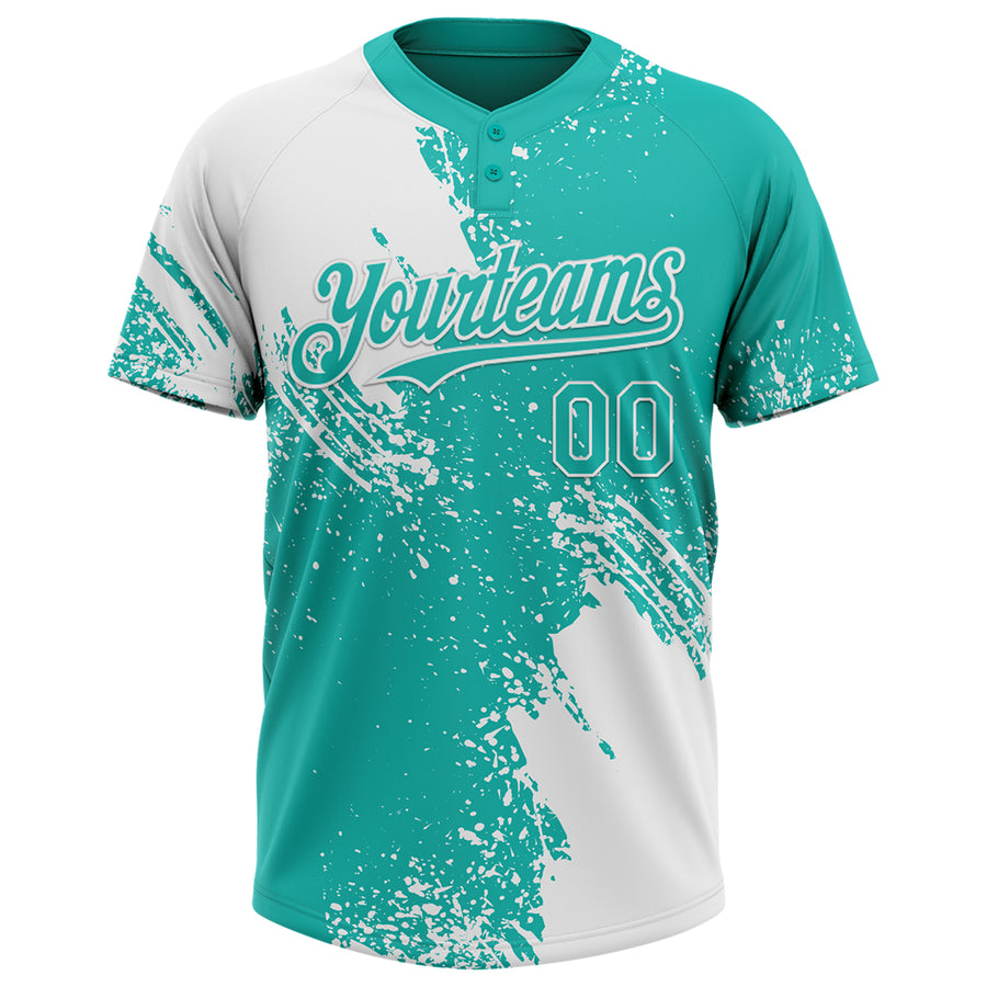 Custom White Aqua 3D Pattern Abstract Brush Stroke Two-Button Unisex Softball Jersey