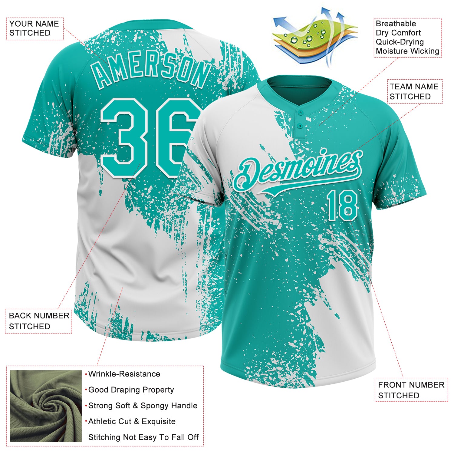 Custom White Aqua 3D Pattern Abstract Brush Stroke Two-Button Unisex Softball Jersey
