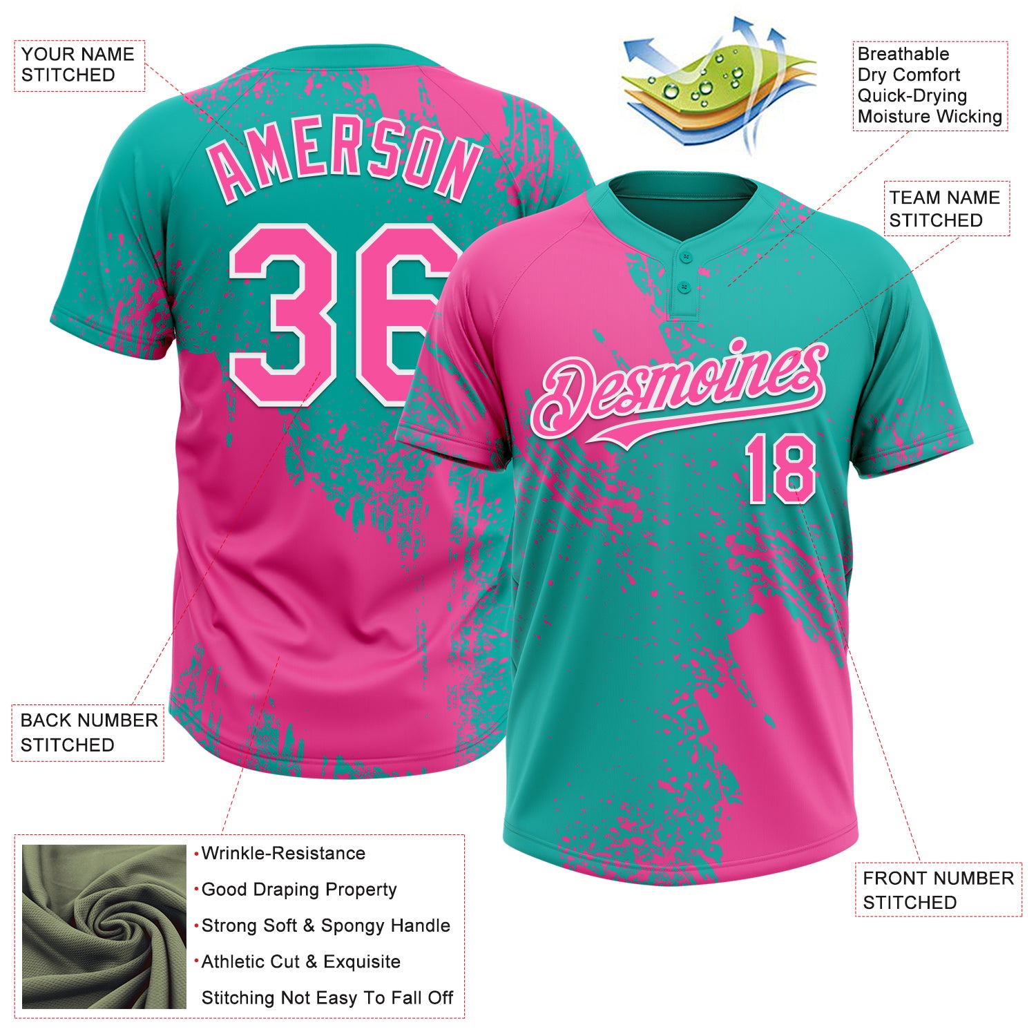 Custom Pink Aqua-White 3D Pattern Abstract Brush Stroke Two-Button Unisex Softball Jersey