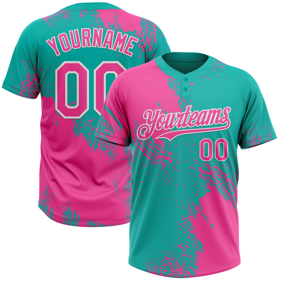 Custom Pink Aqua-White 3D Pattern Abstract Brush Stroke Two-Button Unisex Softball Jersey
