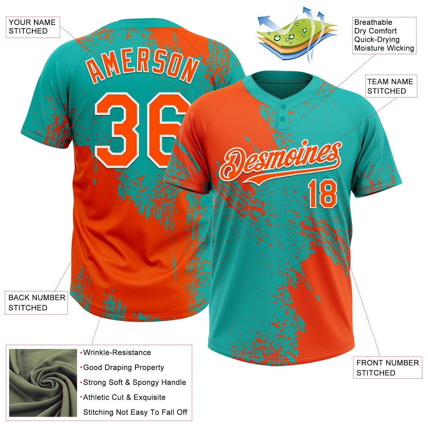 Custom Orange Aqua-White 3D Pattern Abstract Brush Stroke Two-Button Unisex Softball Jersey