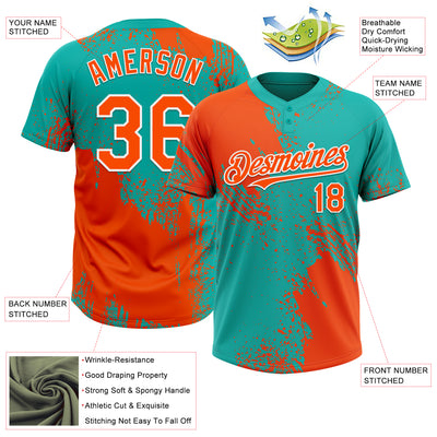 Custom Orange Aqua-White 3D Pattern Abstract Brush Stroke Two-Button Unisex Softball Jersey