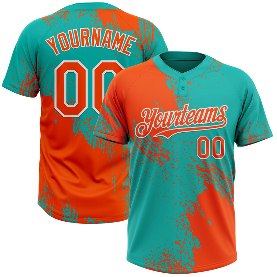 Custom Orange Aqua-White 3D Pattern Abstract Brush Stroke Two-Button Unisex Softball Jersey