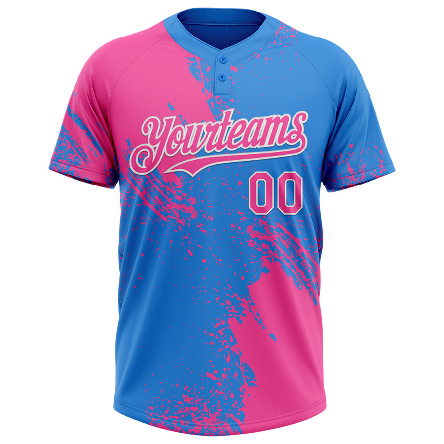 Custom Pink Electric Blue-White 3D Pattern Abstract Brush Stroke Two-Button Unisex Softball Jersey