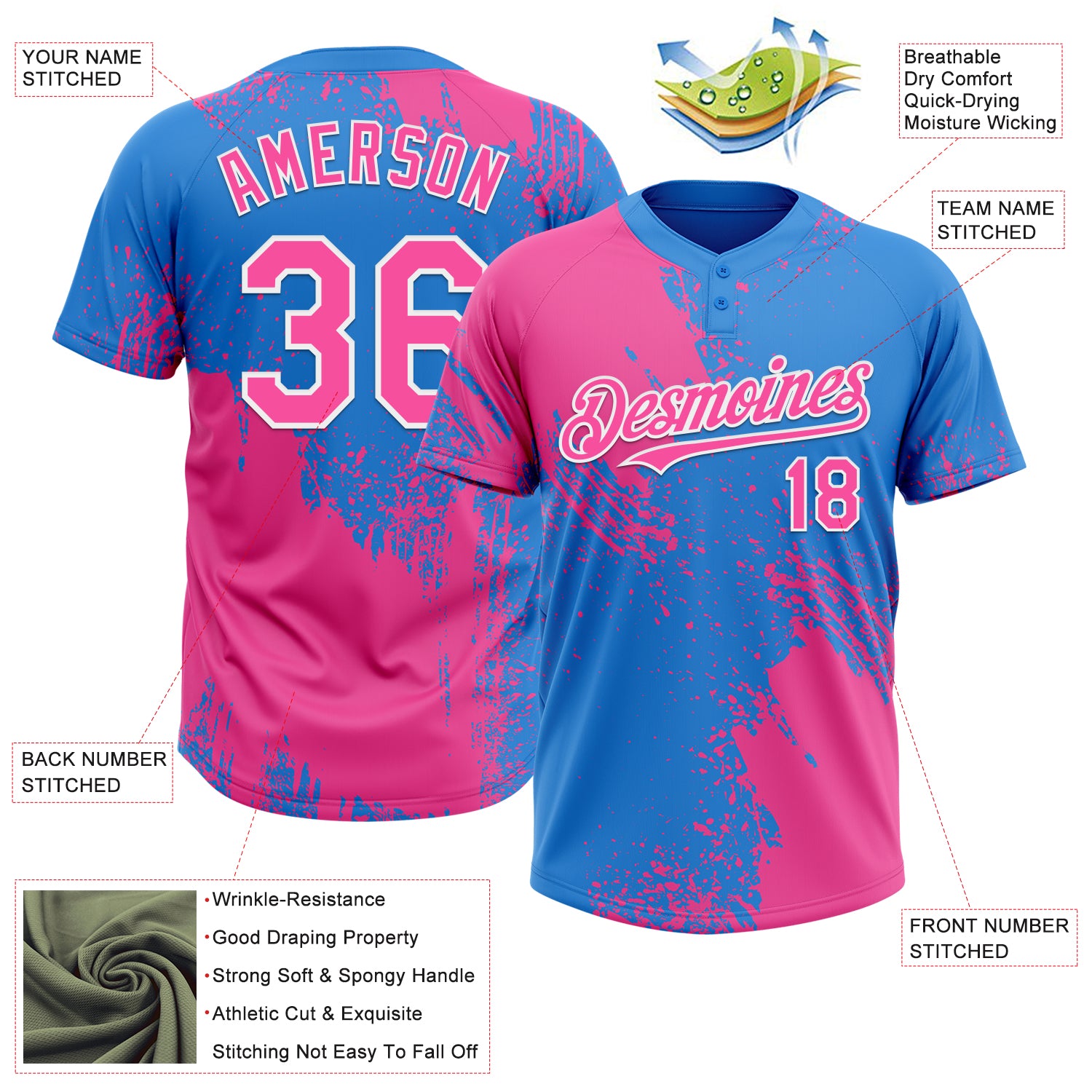 Custom Pink Electric Blue-White 3D Pattern Abstract Brush Stroke Two-Button Unisex Softball Jersey