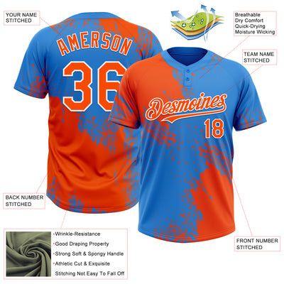 Custom Orange Electric Blue-White 3D Pattern Abstract Brush Stroke Two-Button Unisex Softball Jersey