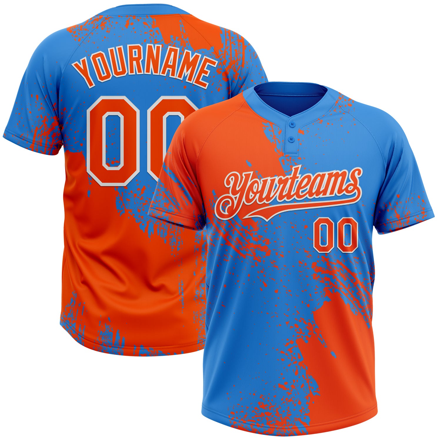 Custom Orange Electric Blue-White 3D Pattern Abstract Brush Stroke Two-Button Unisex Softball Jersey