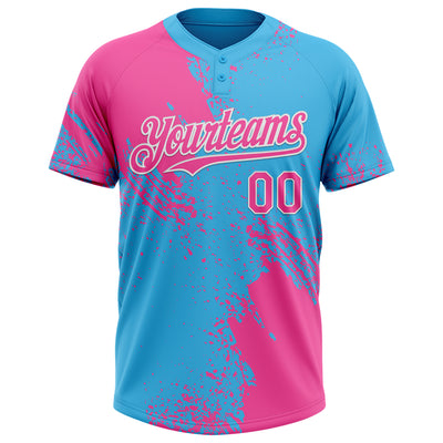 Custom Pink Sky Blue-White 3D Pattern Abstract Brush Stroke Two-Button Unisex Softball Jersey