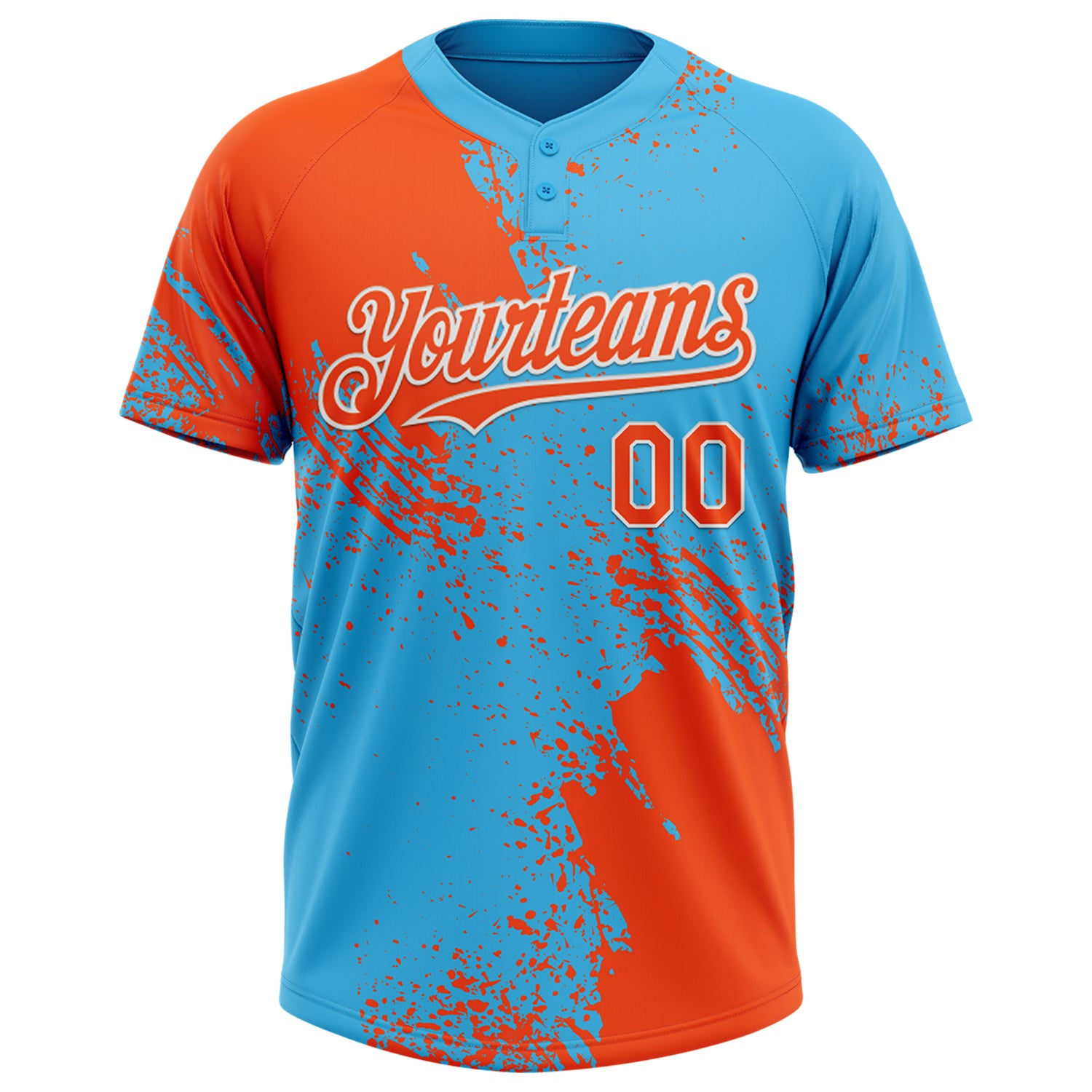 Custom Orange Sky Blue-White 3D Pattern Abstract Brush Stroke Two-Button Unisex Softball Jersey