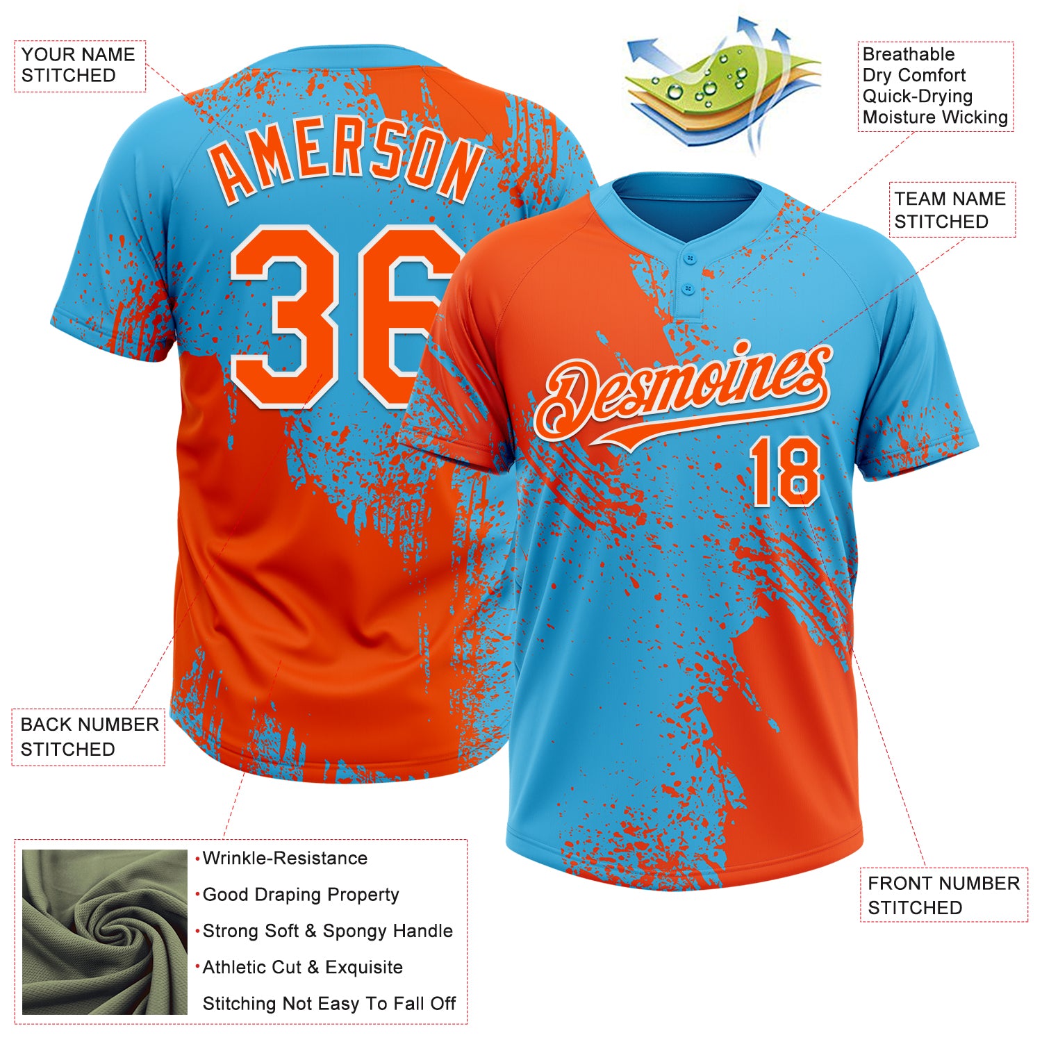 Custom Orange Sky Blue-White 3D Pattern Abstract Brush Stroke Two-Button Unisex Softball Jersey