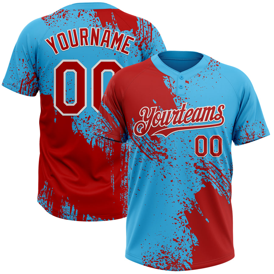Custom Red Sky Blue-White 3D Pattern Abstract Brush Stroke Two-Button Unisex Softball Jersey