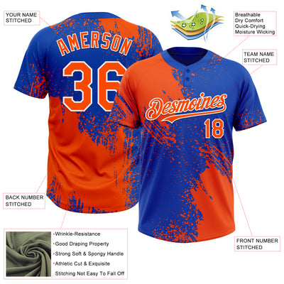 Custom Orange Thunder Blue-White 3D Pattern Abstract Brush Stroke Two-Button Unisex Softball Jersey