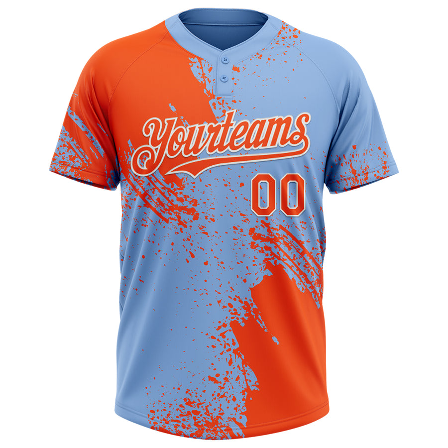 Custom Orange Light Blue-White 3D Pattern Abstract Brush Stroke Two-Button Unisex Softball Jersey