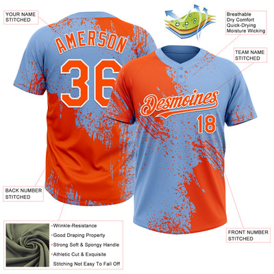 Custom Orange Light Blue-White 3D Pattern Abstract Brush Stroke Two-Button Unisex Softball Jersey
