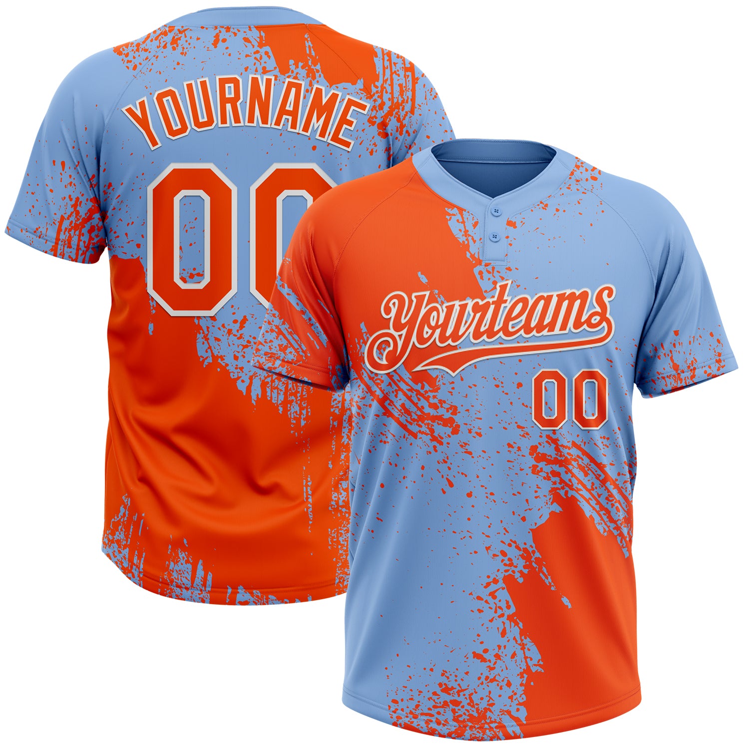 Custom Orange Light Blue-White 3D Pattern Abstract Brush Stroke Two-Button Unisex Softball Jersey