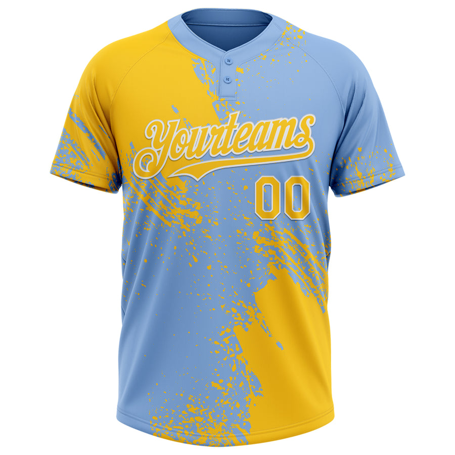 Custom Yellow Light Blue-White 3D Pattern Abstract Brush Stroke Two-Button Unisex Softball Jersey