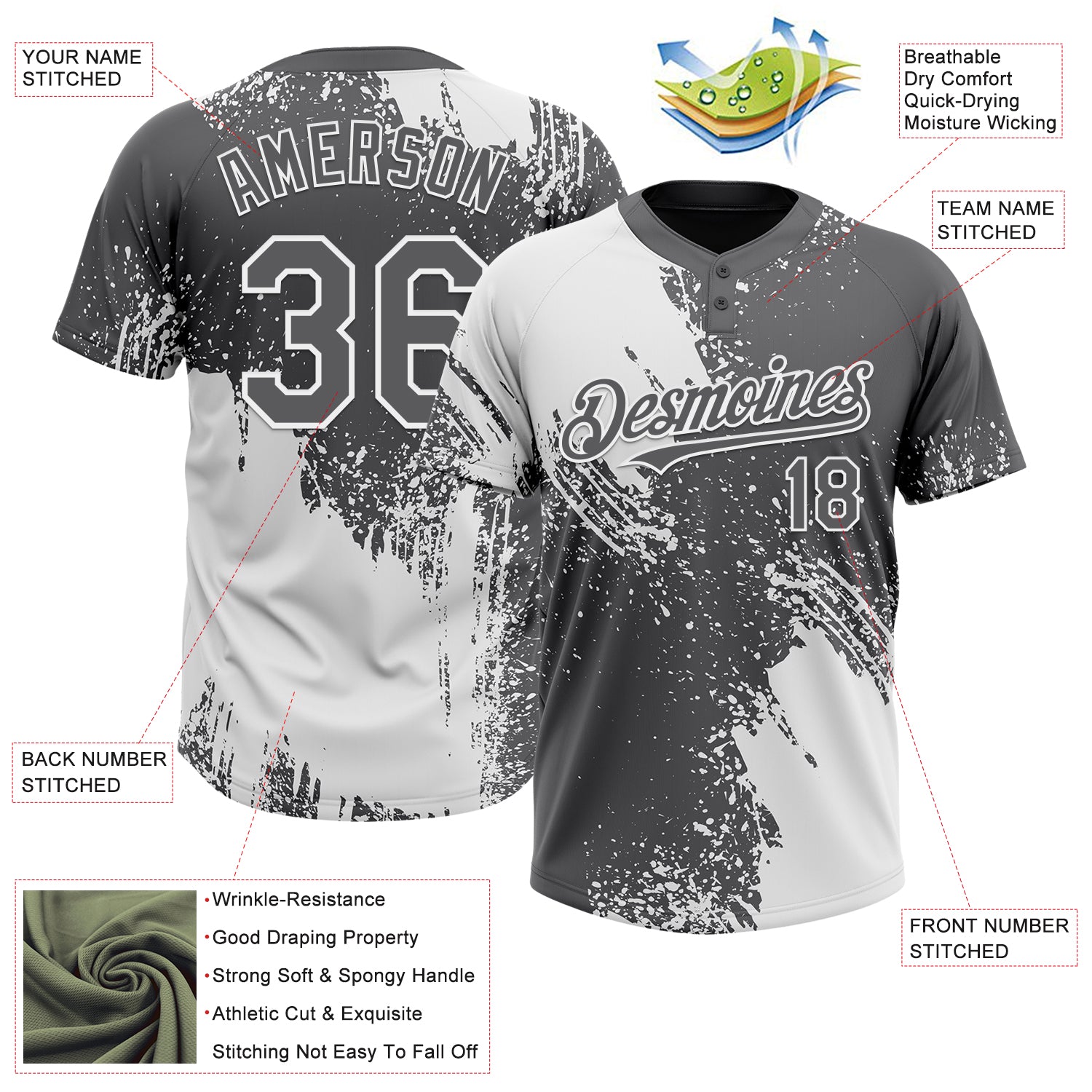 Custom White Steel Gray 3D Pattern Abstract Brush Stroke Two-Button Unisex Softball Jersey
