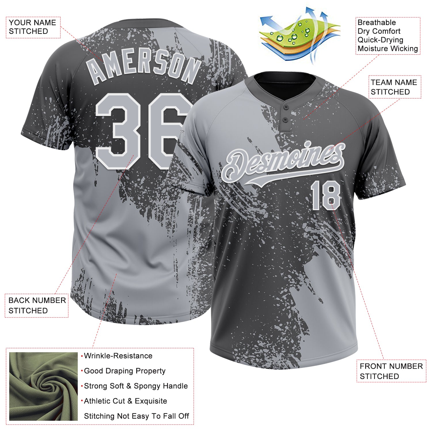 Custom Gray Steel Gray-White 3D Pattern Abstract Brush Stroke Two-Button Unisex Softball Jersey
