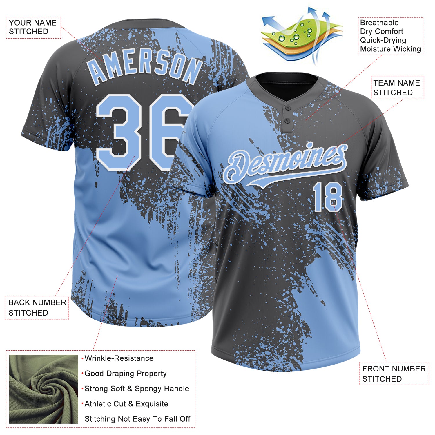 Custom Light Blue Steel Gray-White 3D Pattern Abstract Brush Stroke Two-Button Unisex Softball Jersey