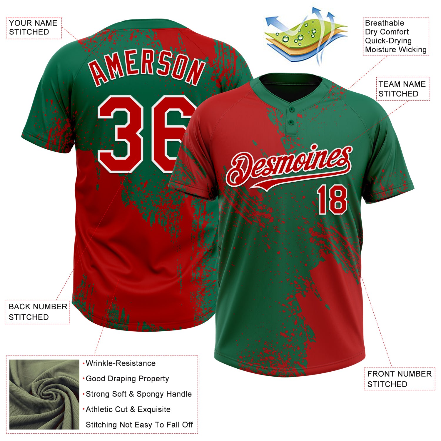 Custom Red Kelly Green-White 3D Pattern Abstract Brush Stroke Two-Button Unisex Softball Jersey