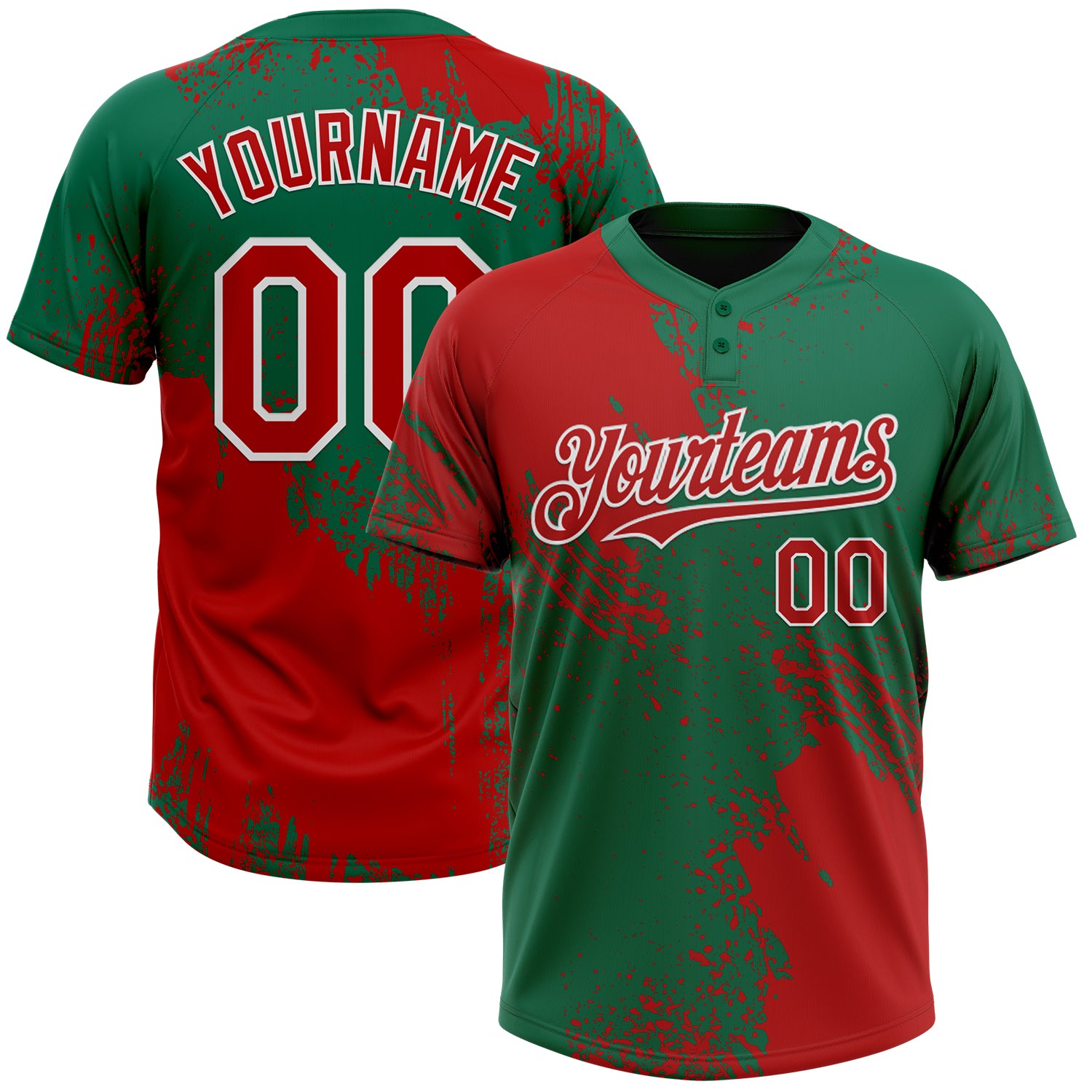 Custom Red Kelly Green-White 3D Pattern Abstract Brush Stroke Two-Button Unisex Softball Jersey
