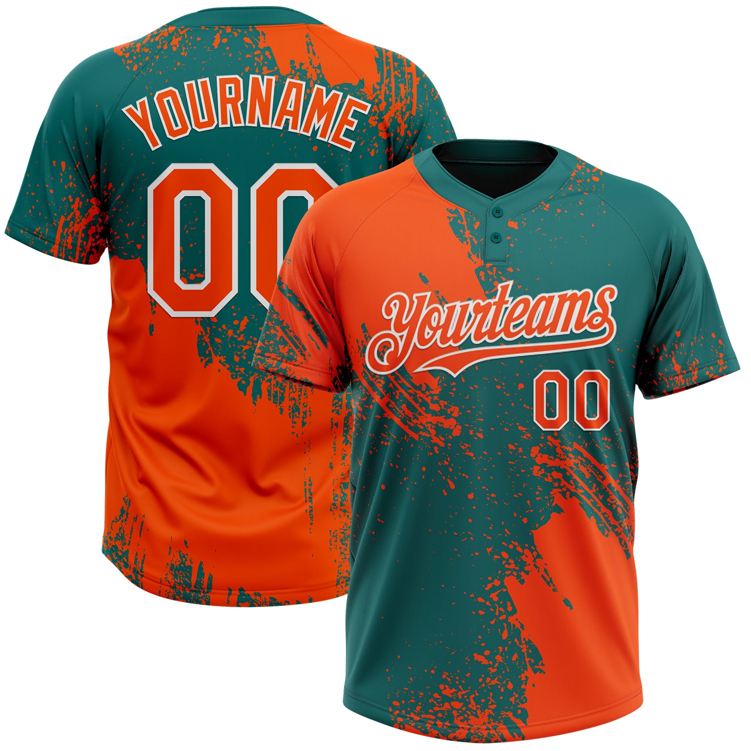 Custom Orange Teal-White 3D Pattern Abstract Brush Stroke Two-Button Unisex Softball Jersey