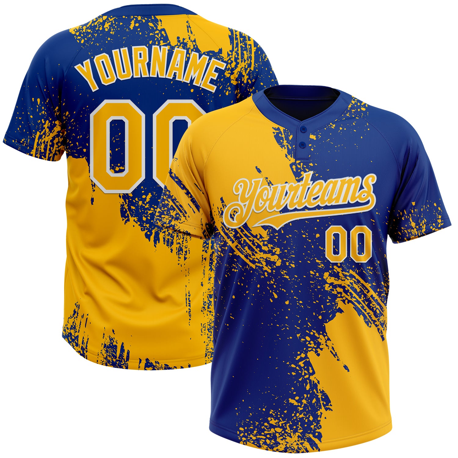 Custom Gold Royal-White 3D Pattern Abstract Brush Stroke Two-Button Unisex Softball Jersey