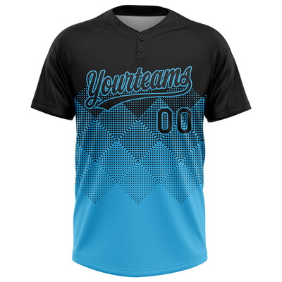 Custom Black Sky Blue 3D Gradient Square Shape Two-Button Unisex Softball Jersey