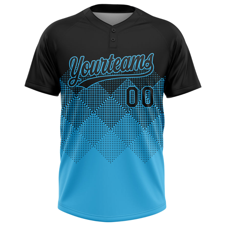 Custom Black Sky Blue 3D Gradient Square Shape Two-Button Unisex Softball Jersey