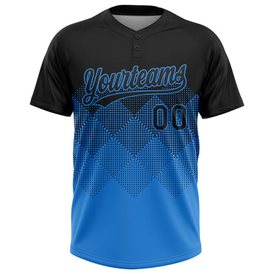 Custom Black Electric Blue 3D Gradient Square Shape Two-Button Unisex Softball Jersey