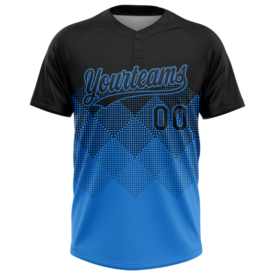 Custom Black Electric Blue 3D Gradient Square Shape Two-Button Unisex Softball Jersey