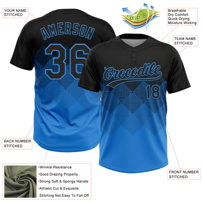 Custom Black Electric Blue 3D Gradient Square Shape Two-Button Unisex Softball Jersey