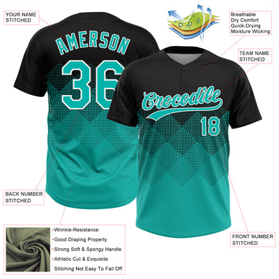 Custom Black Aqua-White 3D Gradient Square Shape Two-Button Unisex Softball Jersey