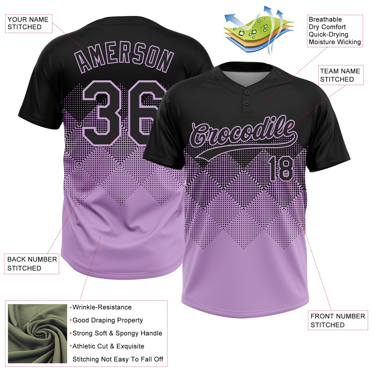 Custom Black Light Purple 3D Gradient Square Shape Two-Button Unisex Softball Jersey