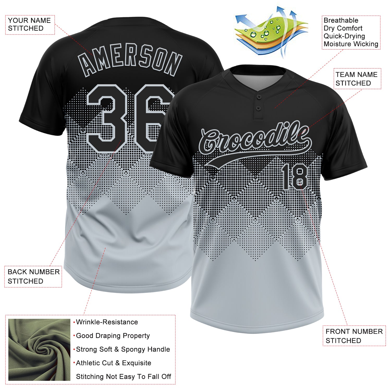Custom Black Silver 3D Gradient Square Shape Two-Button Unisex Softball Jersey