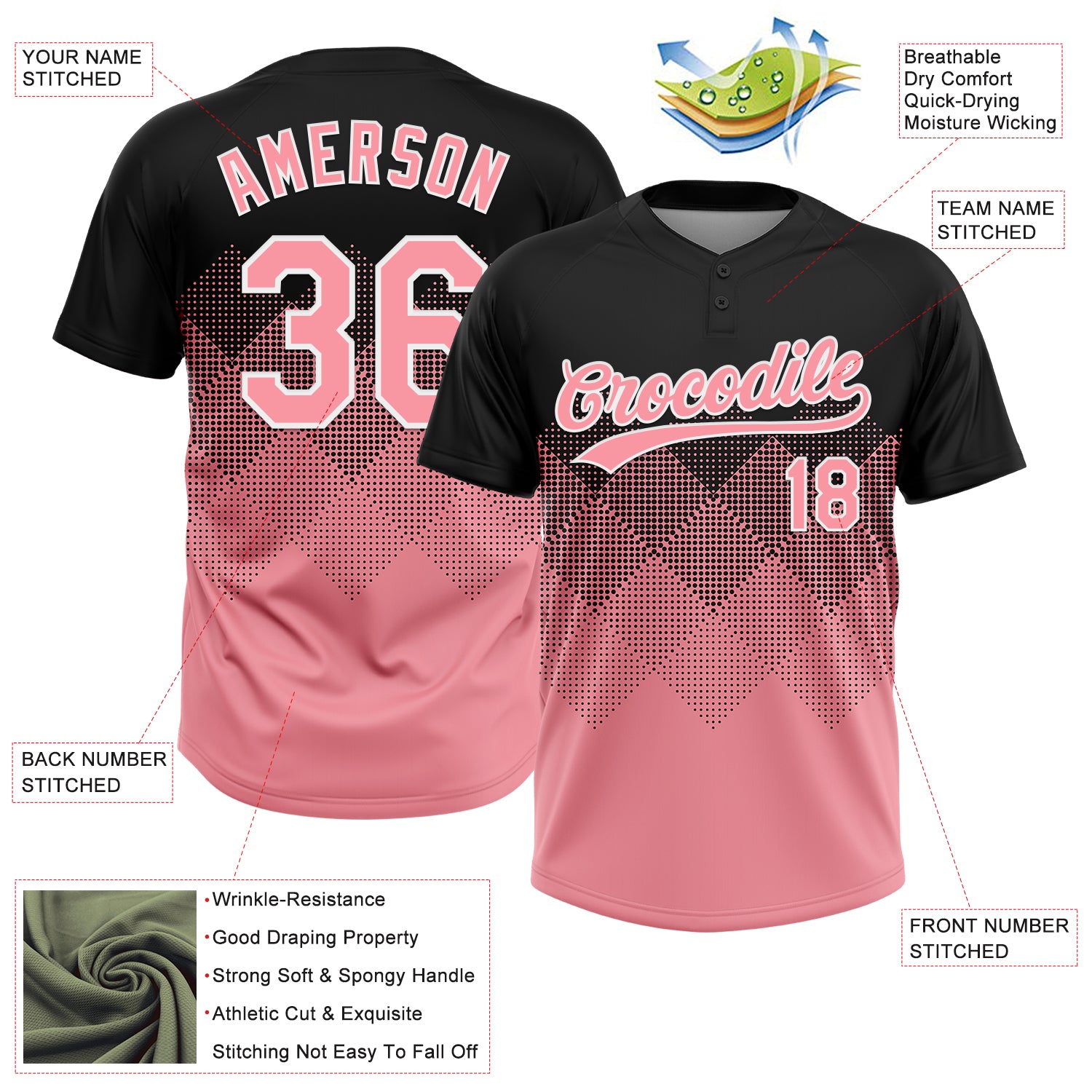 Custom Black Medium Pink-White 3D Gradient Square Shape Two-Button Unisex Softball Jersey
