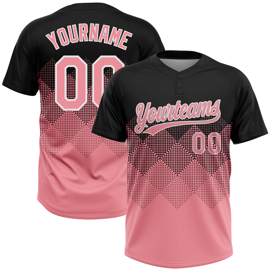 Custom Black Medium Pink-White 3D Gradient Square Shape Two-Button Unisex Softball Jersey