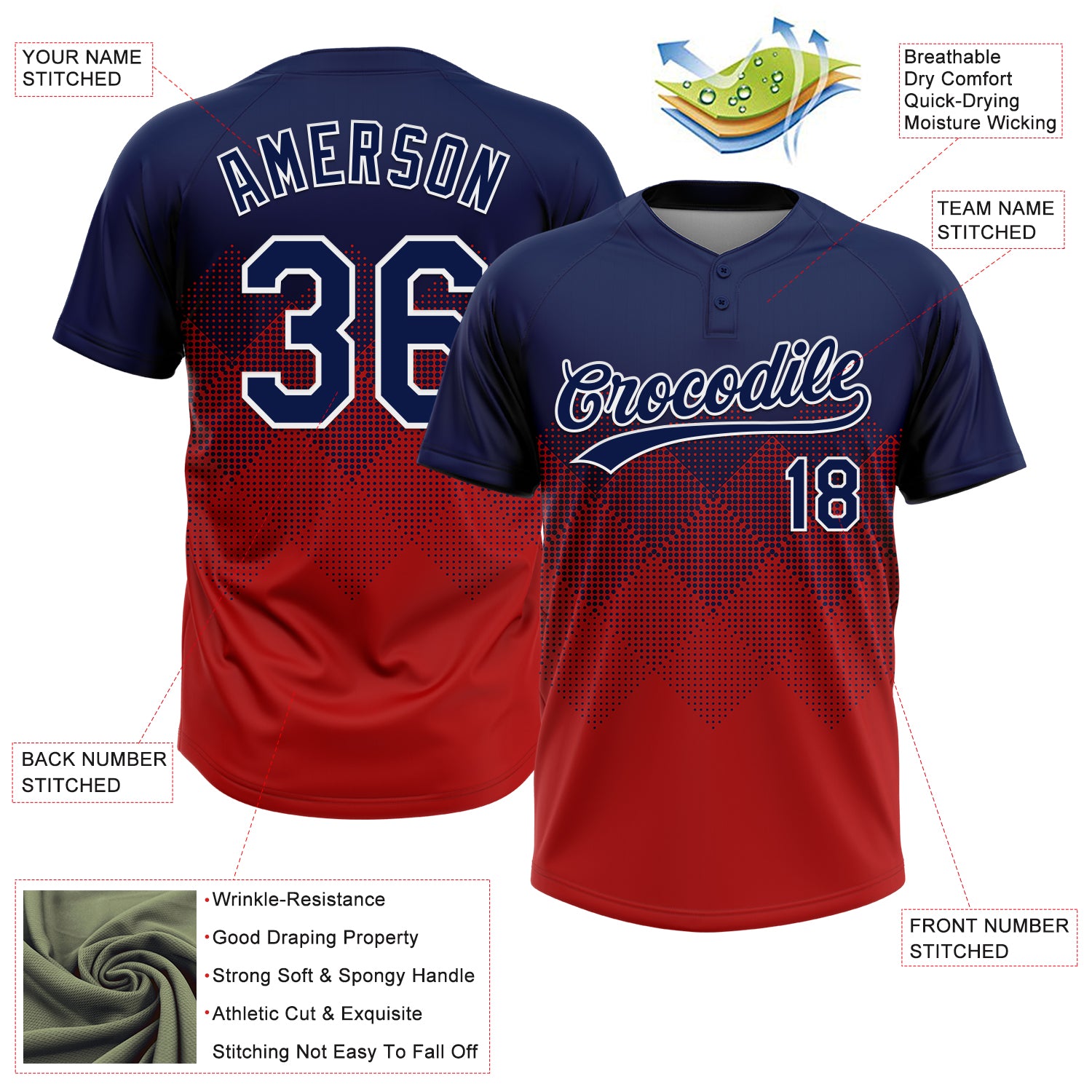 Custom Navy Red-White 3D Gradient Square Shape Two-Button Unisex Softball Jersey