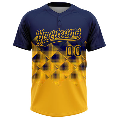 Custom Navy Gold 3D Gradient Square Shape Two-Button Unisex Softball Jersey