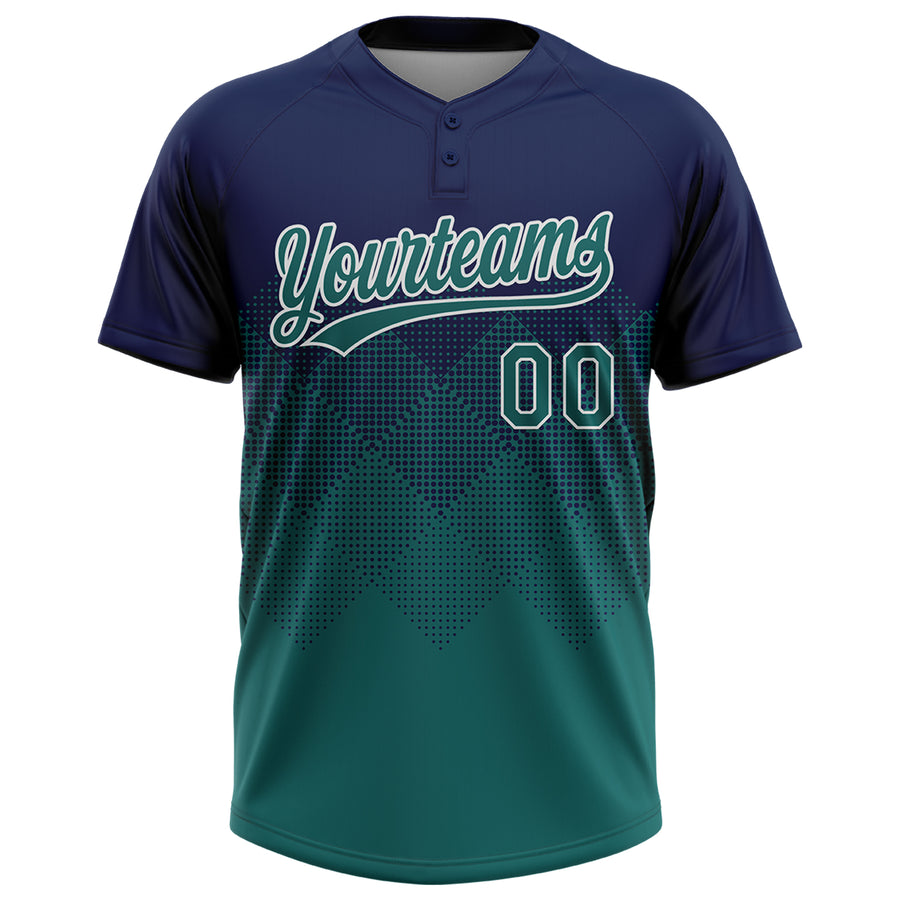 Custom Navy Teal-White 3D Gradient Square Shape Two-Button Unisex Softball Jersey
