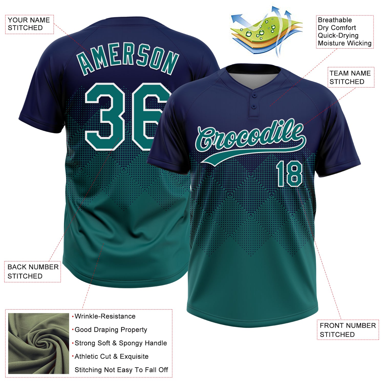Custom Navy Teal-White 3D Gradient Square Shape Two-Button Unisex Softball Jersey