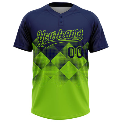 Custom Navy Neon Green 3D Gradient Square Shape Two-Button Unisex Softball Jersey