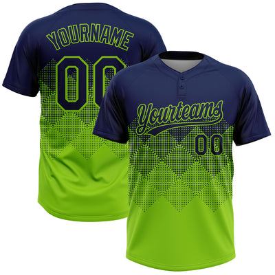 Custom Navy Neon Green 3D Gradient Square Shape Two-Button Unisex Softball Jersey