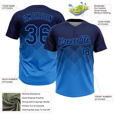 Custom Navy Electric Blue 3D Gradient Square Shape Two-Button Unisex Softball Jersey