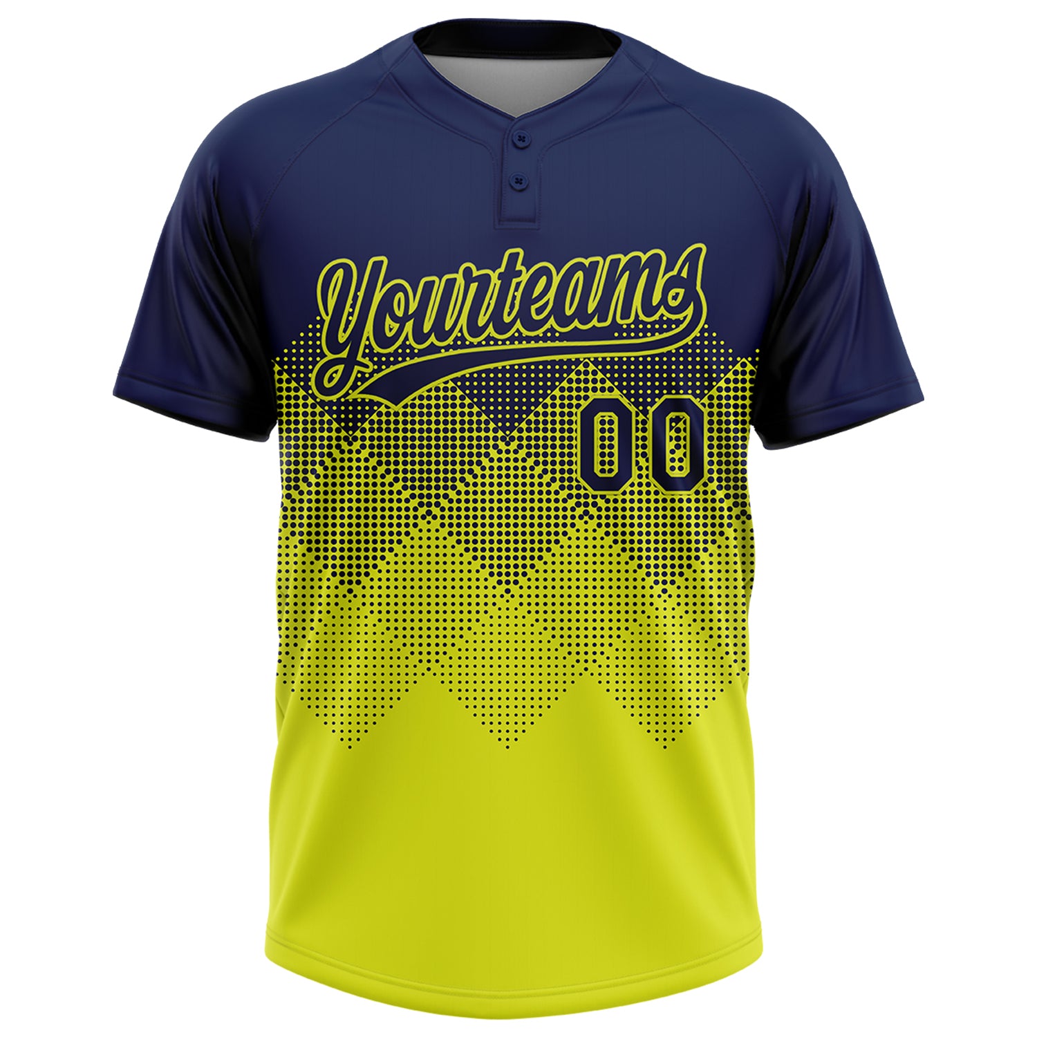 Custom Navy Neon Yellow 3D Gradient Square Shape Two-Button Unisex Softball Jersey