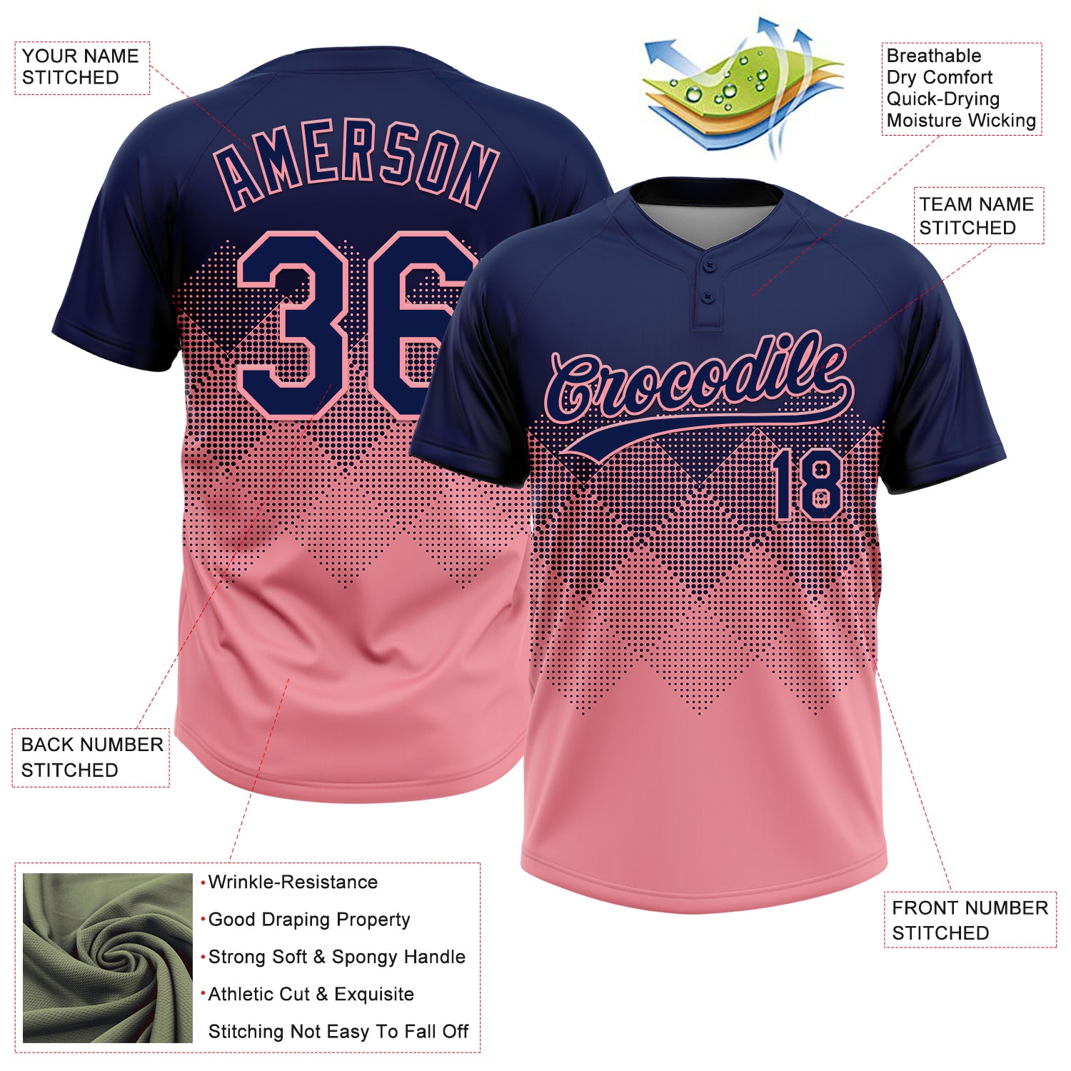 Custom Navy Medium Pink 3D Gradient Square Shape Two-Button Unisex Softball Jersey