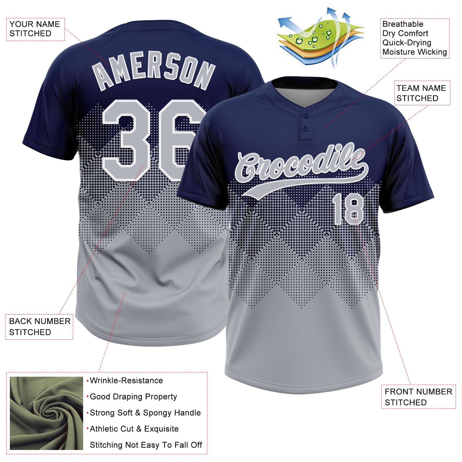 Custom Navy Gray-White 3D Gradient Square Shape Two-Button Unisex Softball Jersey